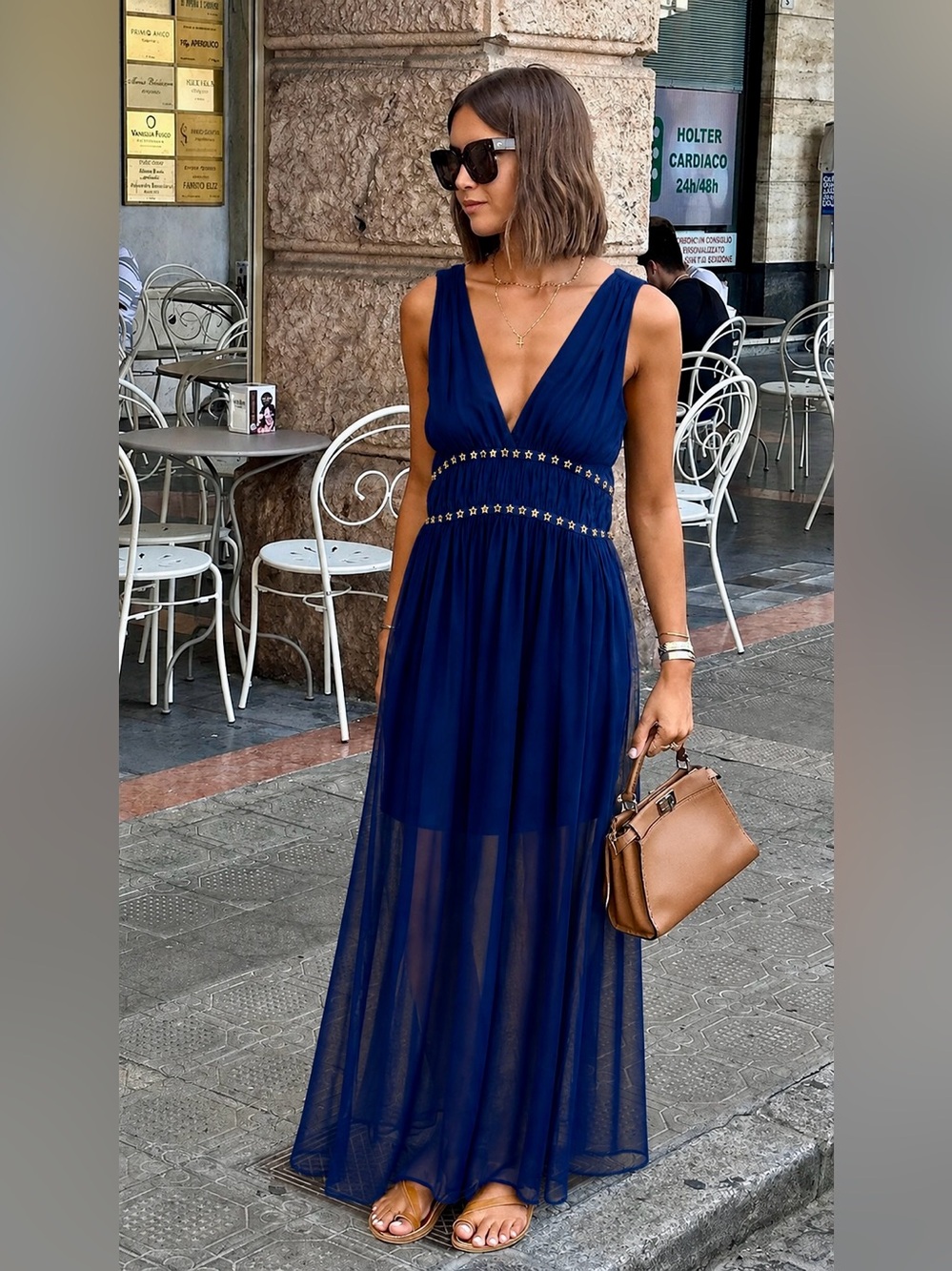 SANDRO Mesh Overlay Eudela Sleeveless Navy Studded V Neck Maxi Dress